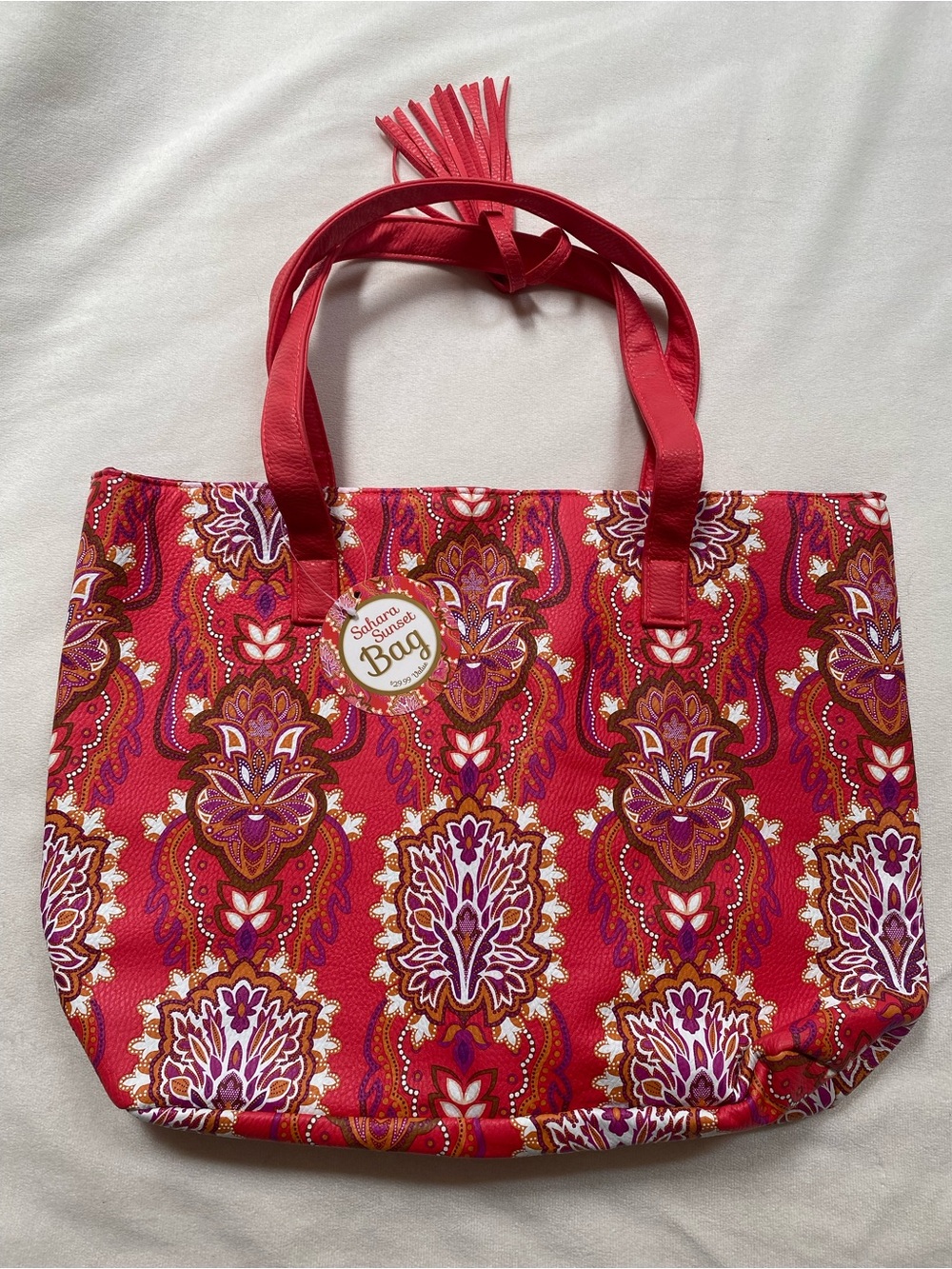 Sahara Sunset Large Tote Floral Beach Bag Faux Leather With Tassel NWT